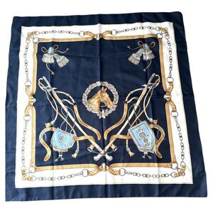 Vtg Equestrian Scarf 30" Square Horse Bridle Tack Chain Print Navy Gold Italy